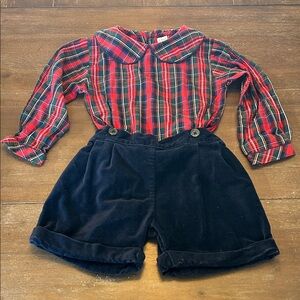 Rachel Riley 2-Piece Christmas Red Plaid Top with Navy Velvet Shorts